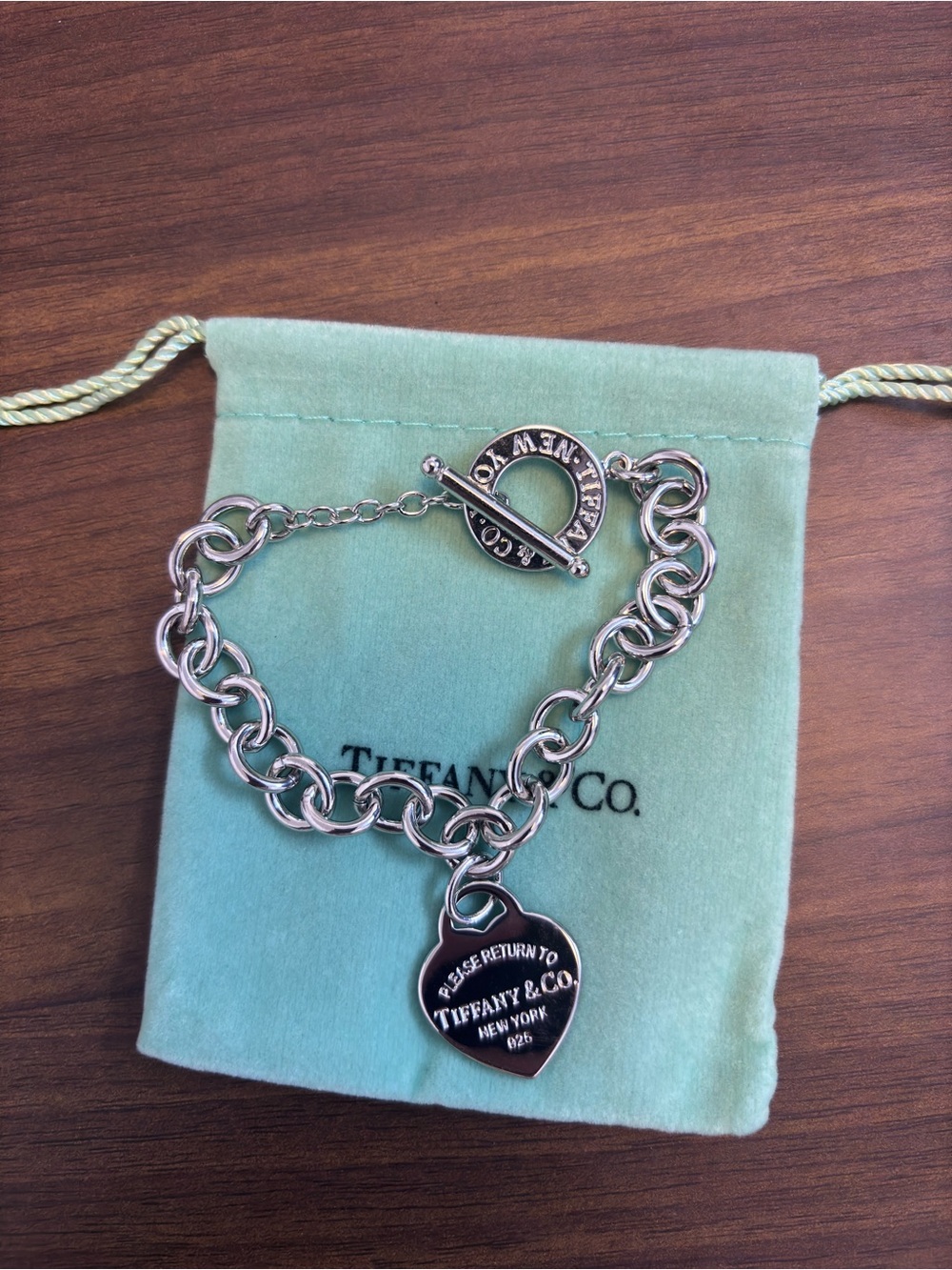 Tiffany & Co. Sterling Silver Heart Tag Chain Bracelet on Signature Blue Pouch